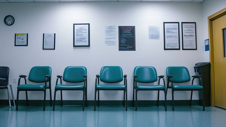 A hospital triage area with numbered intake stations, bright white walls, and empty chairs for patient assessment.の素材
