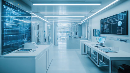 A futuristic medical innovation lab with white touchscreens, holographic diagnostics, and sterile equipment.の素材