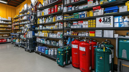 A trauma center supply area with well-organized crash carts, oxygen cylinders, and emergency medications.の素材