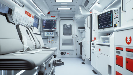 A modern ambulance interior with white sterile surfaces, life-support monitors, and emergency medical supplies.の素材