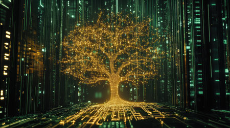 A glowing digital tree made of interconnected circuits, symbolizing the future of artificial nature.の素材