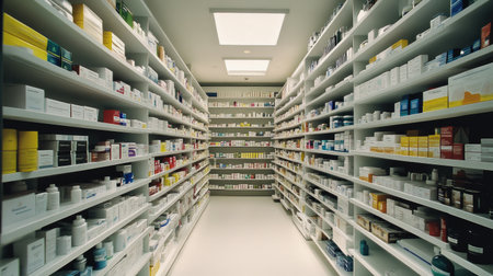 A well-lit pharmacy with rows of neatly arranged medicine bottles, pill organizers, and blister packs on white shelves.の素材