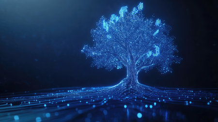 A glowing digital tree made of interconnected circuits, symbolizing the future of artificial nature.の素材