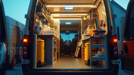 A well-lit emergency transport van with neatly stored medical kits, oxygen tanks, and trauma response tools.の素材