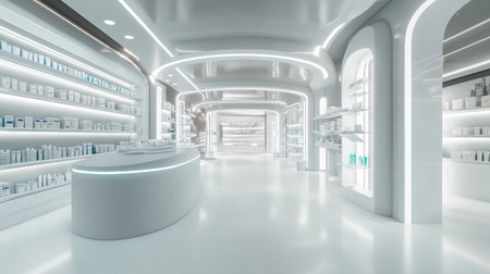 A futuristic robotic pharmacy system with sterile white surfaces, automated dispensers, and bright lighting.の素材