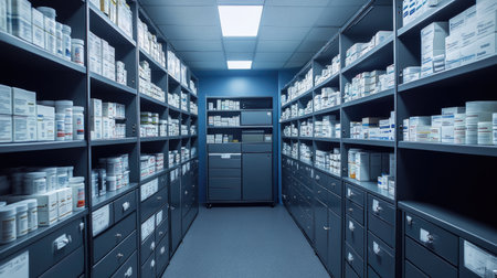 A pharmacy storage area with locked cabinets containing secure prescription medication.の素材