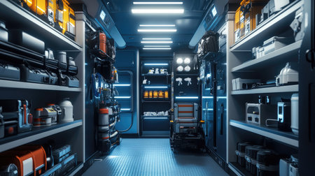 A well-lit emergency transport van with neatly stored medical kits, oxygen tanks, and trauma response tools.の素材