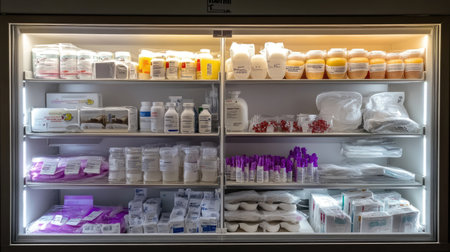 A well-lit emergency supply cabinet stocked with trauma dressings, IV fluids, and sterile gloves.の素材