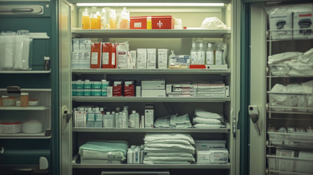 A well-lit emergency supply cabinet stocked with trauma dressings, IV fluids, and sterile gloves.の素材