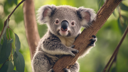 A baby koala clinging to a tree branch, with its soft fur and big, round eyes gazing ahead.の素材