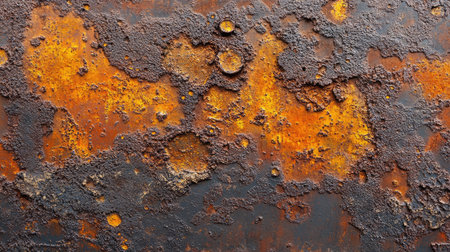 A background featuring an old iron surface, rough and pitted with orange rust stains.の素材