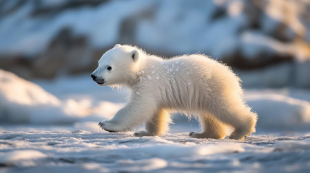 A baby polar bear waddling across the snowy ground, its white fur contrasting with the snowy landscape.の素材