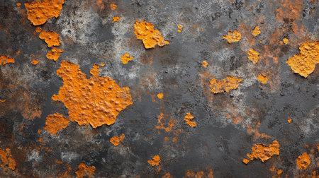 A background featuring an old iron surface, rough and pitted with orange rust stains.の素材