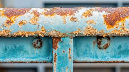 A close-up of a corroded iron railing with flaking rust layers.の素材