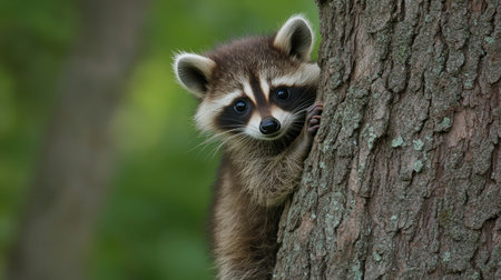 A baby raccoon peeking out from behind a tree, with its fluffy tail and curious expression.の素材