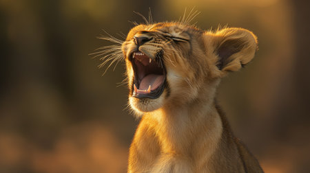 A close-up of a lion cub yawning, with its tiny teeth showing and its eyes relaxed in a moment of calm.の素材