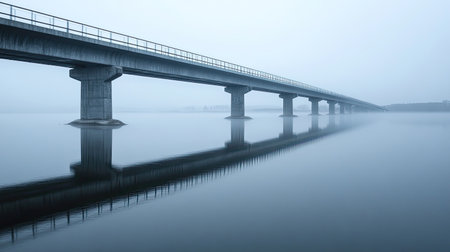 A bridge over a calm river, disappearing into fog, with reflections barely visible on the water.の素材