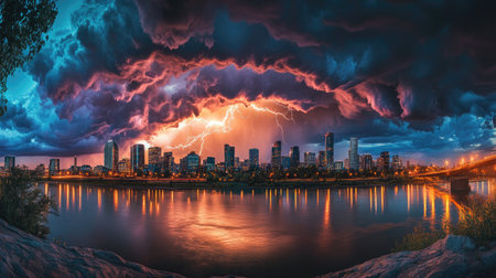 A city skyline with an approaching thunderstorm, lightning flashing in the sky.の素材