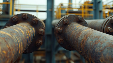 A close-up of iron pipes with rust forming along the seams, highlighting industrial aging.の素材