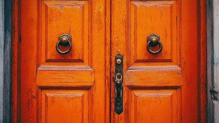 A close-up of a rusted iron door, with bold orange rust streaks forming over time.の素材