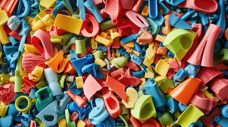 A clean, vibrant pile of recycled plastic pieces in a variety of bright colors, ready for reuse.の素材