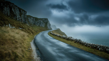 A cliffside road overlooking the sea, with storm clouds swirling above and mist rising from below.の素材