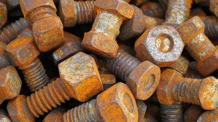A close-up of rusted bolts and metal sheets, where orange rust has taken over.の素材