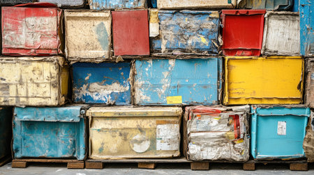 A collection of recycled plastic containers and materials stacked together, ready to be reused in new products.の素材