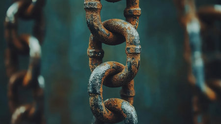 A close-up of iron chains covered in rust, symbolizing age and industrial history.の素材