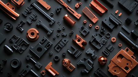 A detailed view of PC plastic parts arranged in an orderly manner on a flat surface with copy space.の素材
