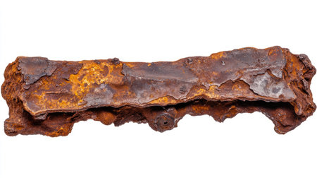 A corroded iron beam with peeling rust and deep cracks in the metal.の素材