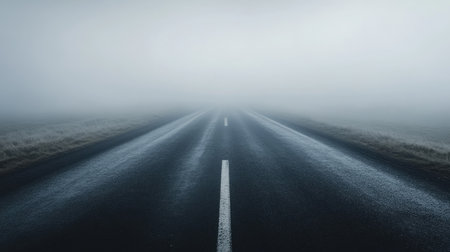 A dark asphalt road stretching straight ahead, fading into heavy morning mist.の素材
