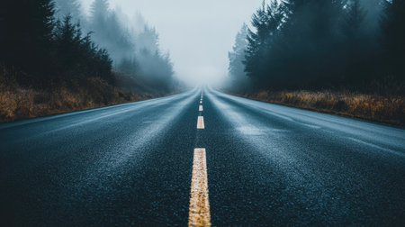 A dark asphalt road stretching straight ahead, fading into heavy morning mist.の素材