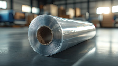 A flexible plastic film rolled up, showing how easily it can be stored and transported for industrial purposes.の素材