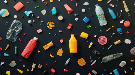 A detailed image of recycled plastic fragments in various shapes, from bottles to small pieces of plastic.の素材