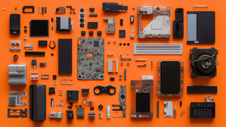 A detailed view of PC plastic parts arranged in an orderly manner on a flat surface with copy space.の素材