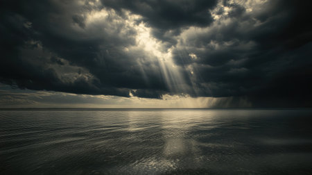 A dark storm front over a vast lake, with patches of sunlight breaking through the clouds.の素材