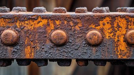 A heavily rusted iron bridge beam, showing decades of exposure and corrosion.の素材