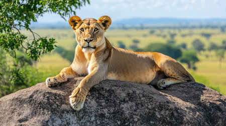 A lioness lying on a rock, overlooking the savannah below with a calm, majestic presence.の素材