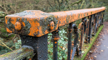 A heavily corroded iron railing, where orange rust has eaten through the surface.の素材