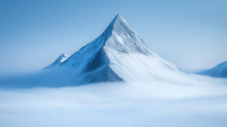 A lone rocky peak rising above rolling fog, surrounded by soft, atmospheric light.の素材