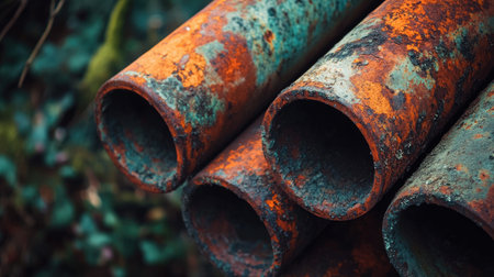 A macro shot of oxidized iron pipes, covered in deep rust and weathering.の素材