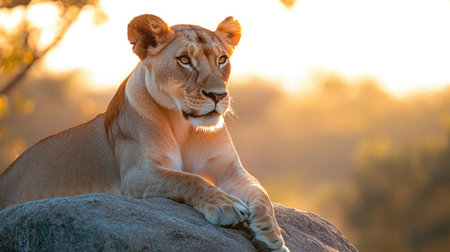 A lioness resting on a rock, with the sun casting golden light on her elegant body and soft eyes.の素材