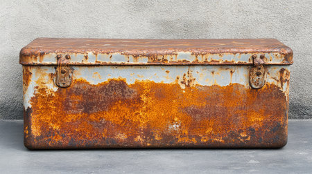 A large steel box with rust marks and weathered edges, highlighting its natural decay.の素材
