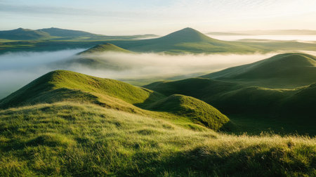 A highland pasture covered in thick fog, with rolling green hills barely visible in the distance.の素材