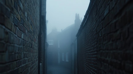 A narrow city alley obscured by dense fog, with buildings barely visible in the background.の素材