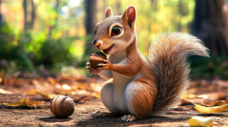 A playful squirrel sitting on the ground, holding an acorn with its tiny paws and its tail curled around.の素材