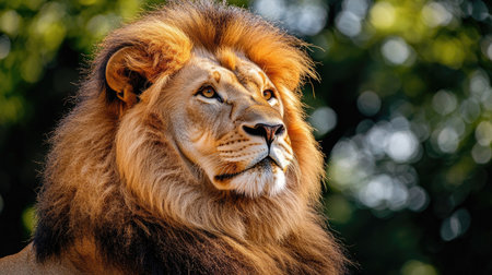 A lion looking over its shoulder, its golden eyes full of wisdom and its mane blending into the environment.の素材
