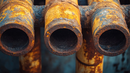 A macro shot of oxidized iron pipes, covered in deep rust and weathering.の素材