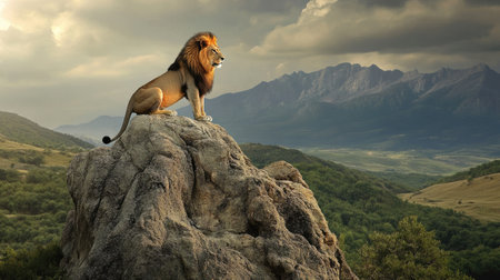 A lion perched on a large rock, surveying the landscape with a proud and watchful gaze.の素材